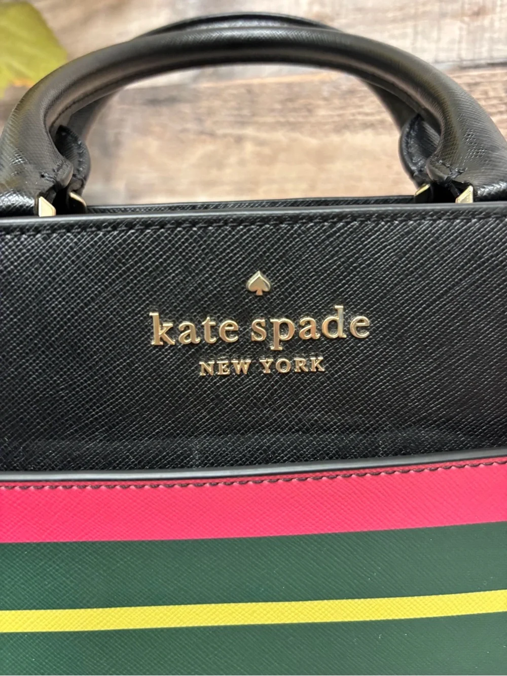 Kate Spade Black w/ Pink, Green, and Yellow Striped Saffiano Leather Satchel - Picture 7 of 7